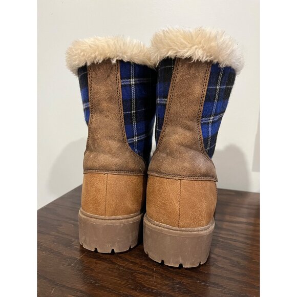 Plaid Lace-Up Winter Duck Boots w/ Faux Fur Lining Size 9 Brown & Blue - Picture 4 of 9